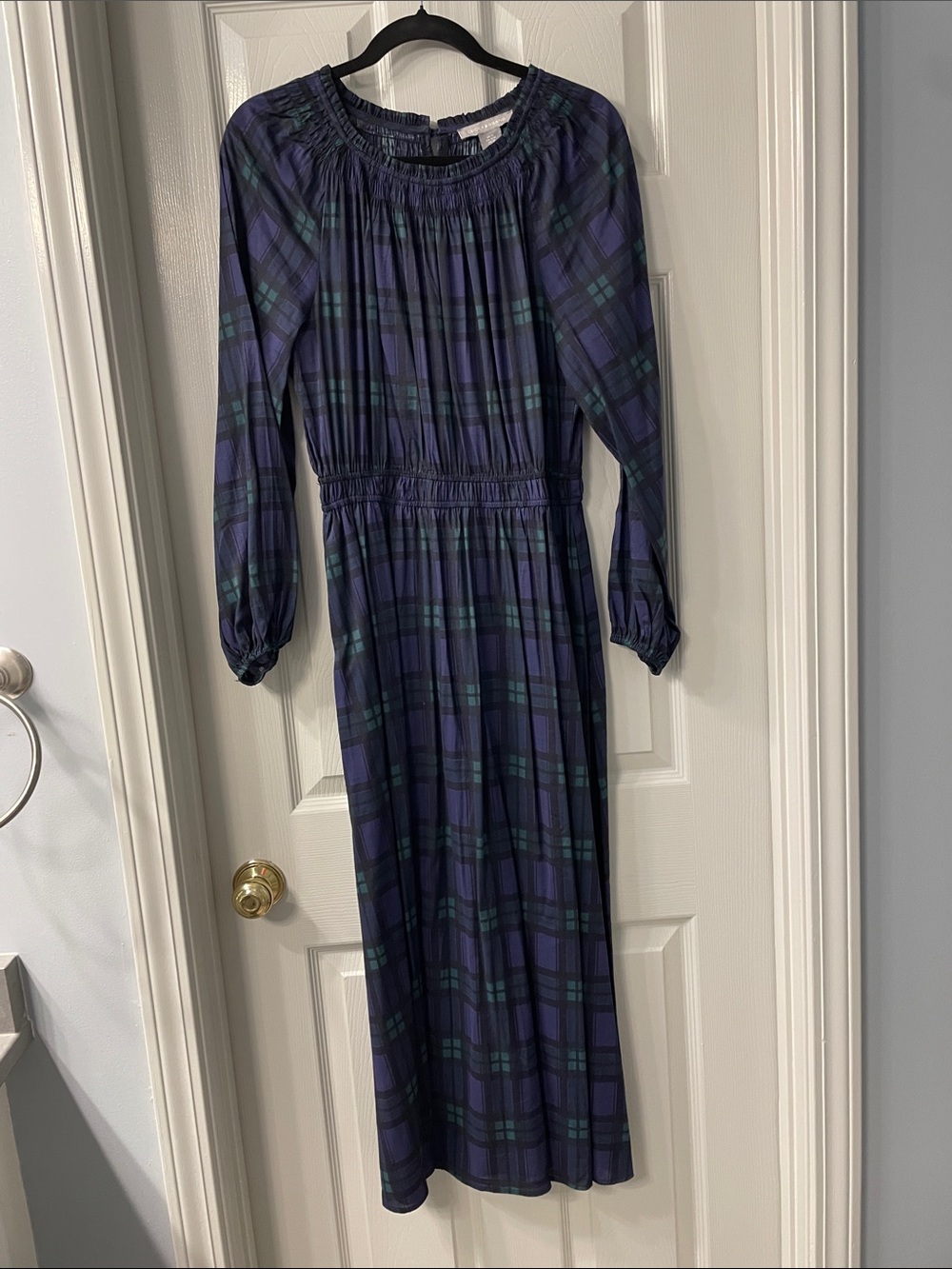 Lucky Brand Navy and Green Plaid Long Sleeve Maxi Dress